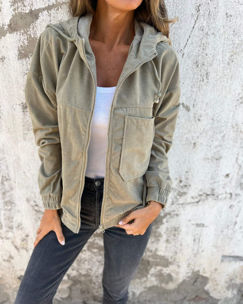 Emma - Chaqueta negra de pana con cremallera y capucha mujer