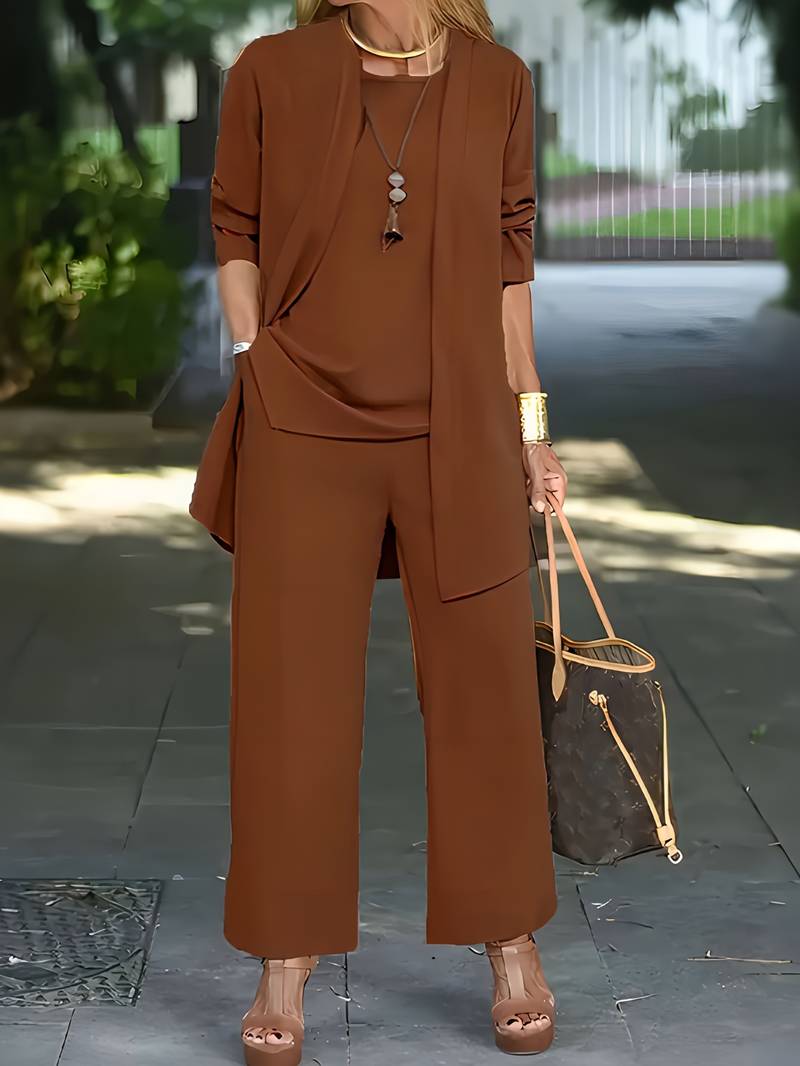 Isabel - Conjunto de tres piezas con chaqueta larga para mujer