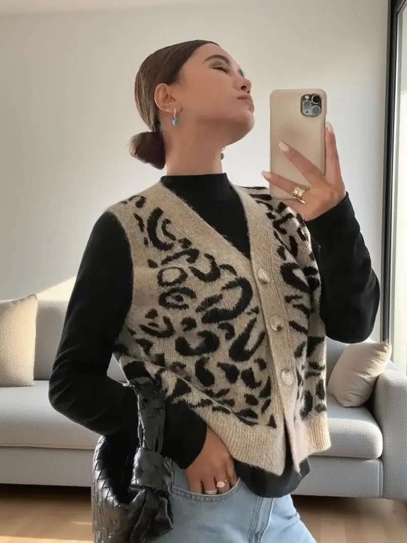 Elena - Chaleco de punto con estampado animal para mujer