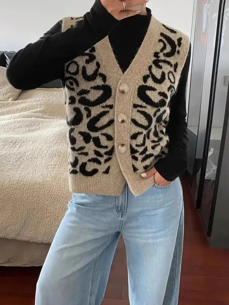 Elena - Chaleco de punto con estampado animal para mujer