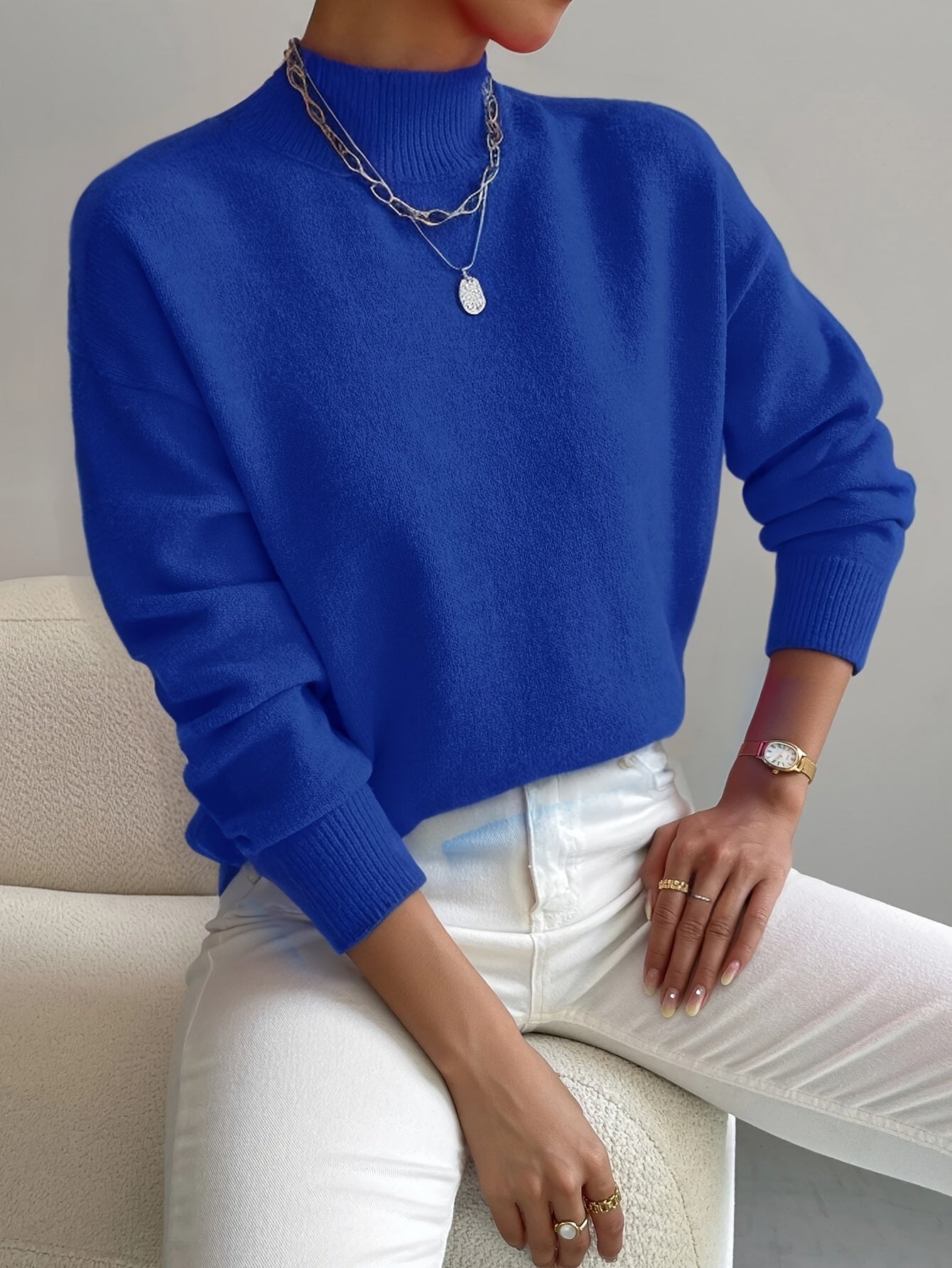 Lucía - Jersey de punto fino para mujer con cuello alto bajo