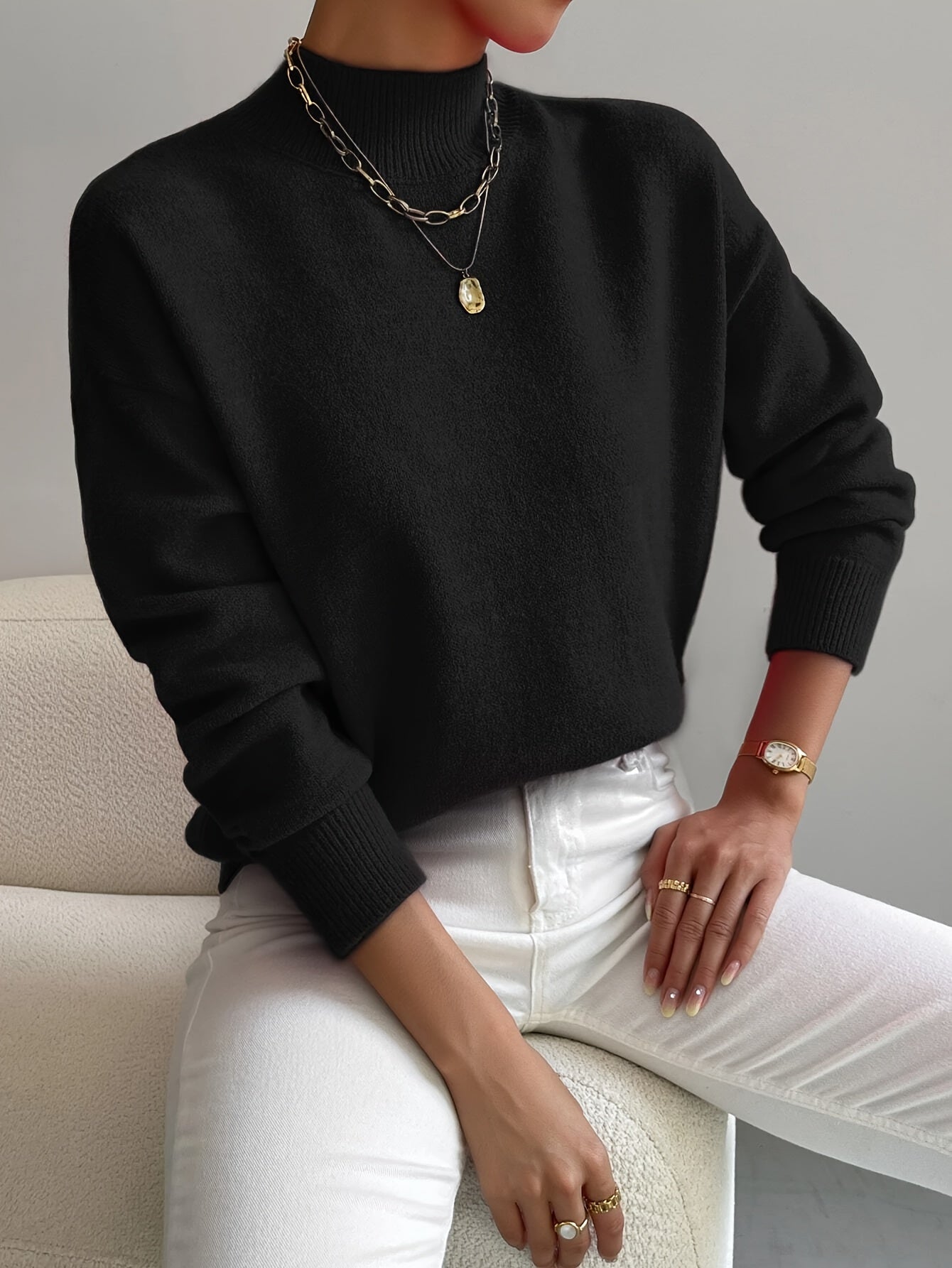 Lucía - Jersey de punto fino para mujer con cuello alto bajo