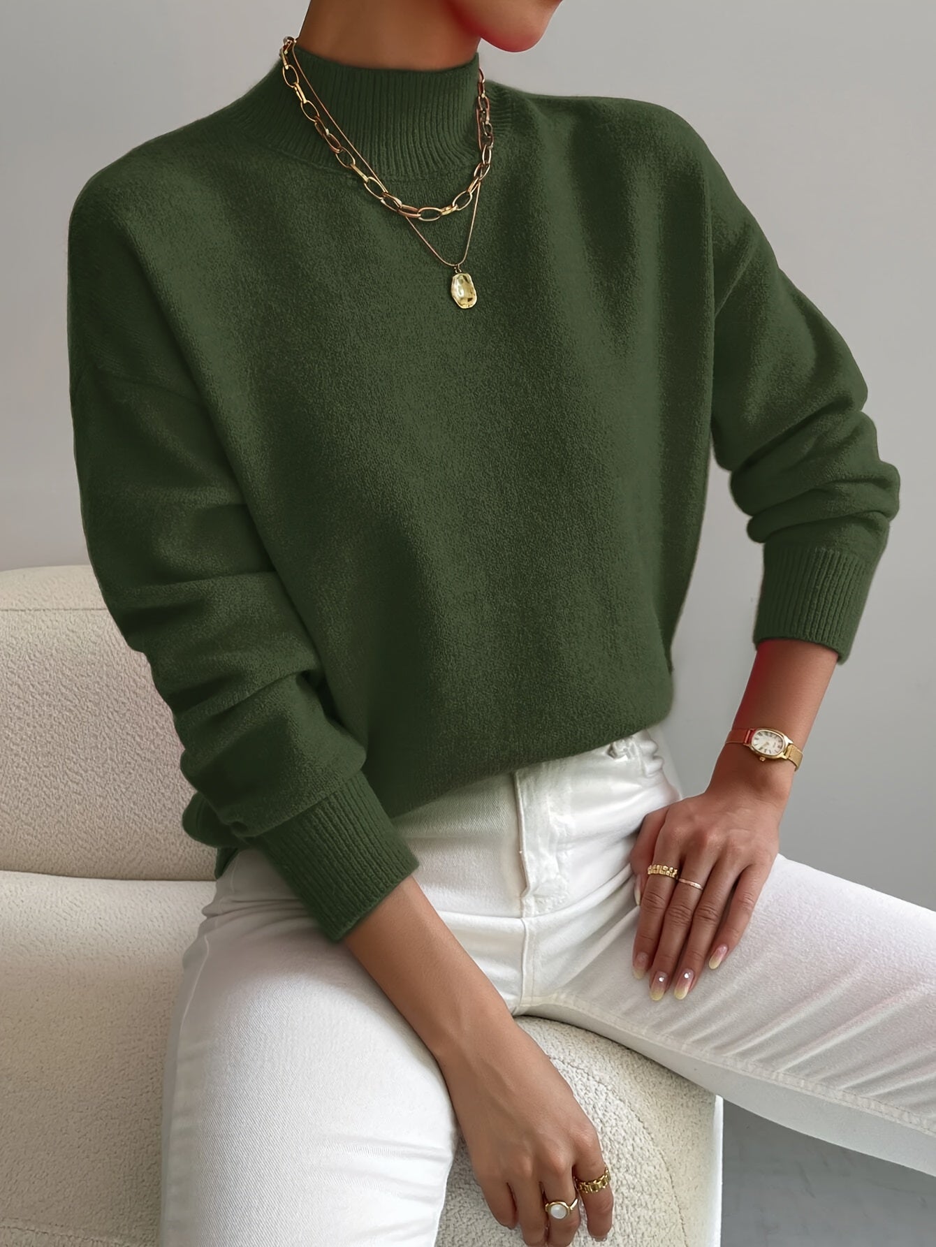 Lucía - Jersey de punto fino para mujer con cuello alto bajo