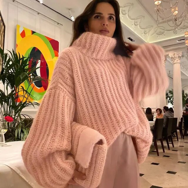 Naia - Suéter oversize azul peluche con cuello alto mujer