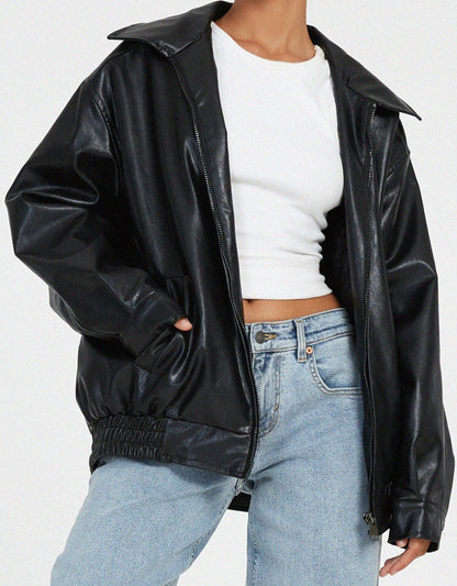 Daniela - Chaqueta oversize de mujer en cuero con bolsillos