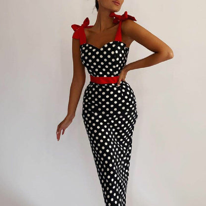 Noelia - Vestido midi de lunares para mujer con lazo y cinturón rojo