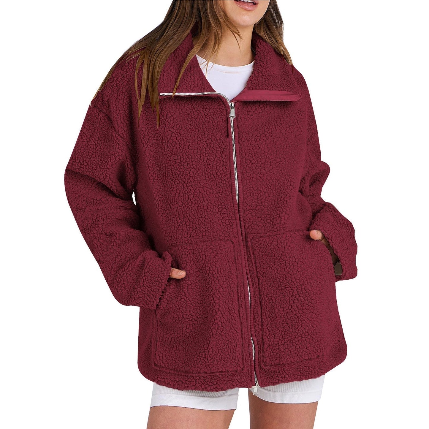 Lucía - Chaqueta de borreguito con cremallera y bolsillos mujer