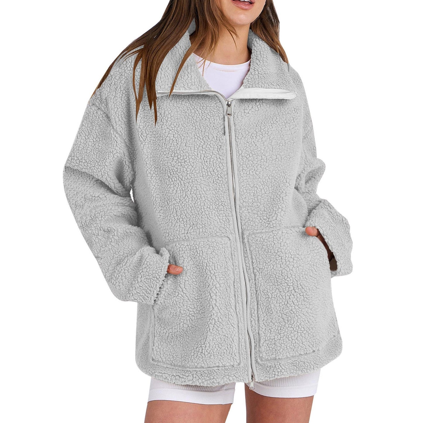 Lucía - Chaqueta de borreguito con cremallera y bolsillos mujer