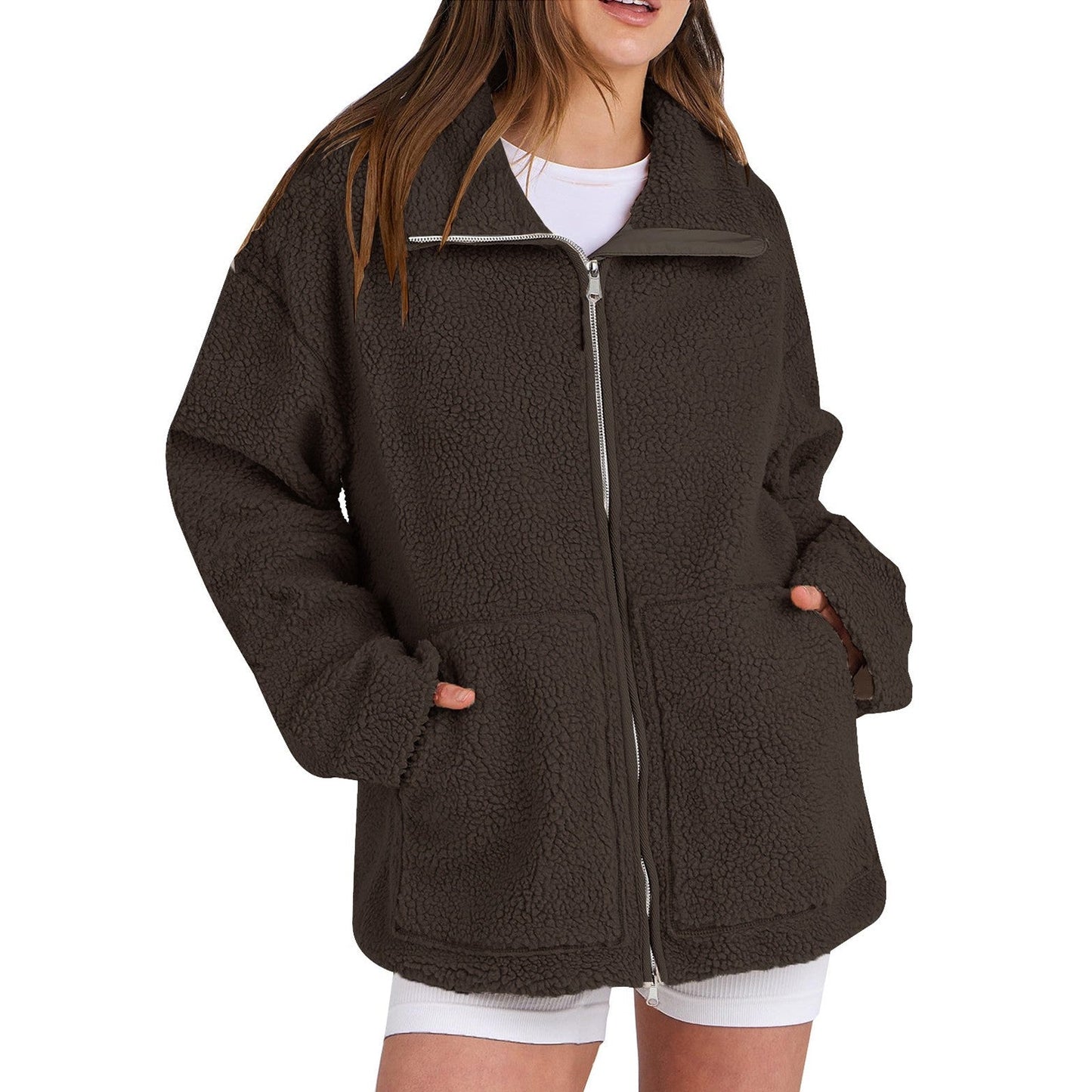 Lucía - Chaqueta de borreguito con cremallera y bolsillos mujer