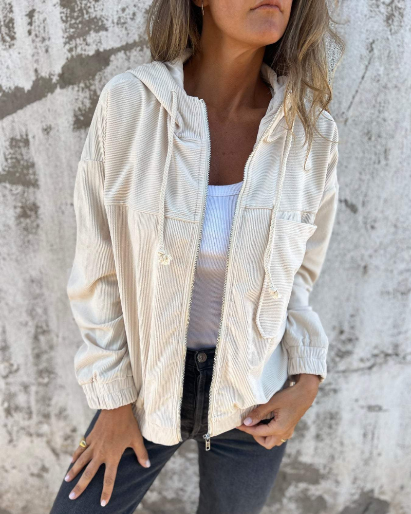 Emma - Chaqueta negra de pana con cremallera y capucha mujer