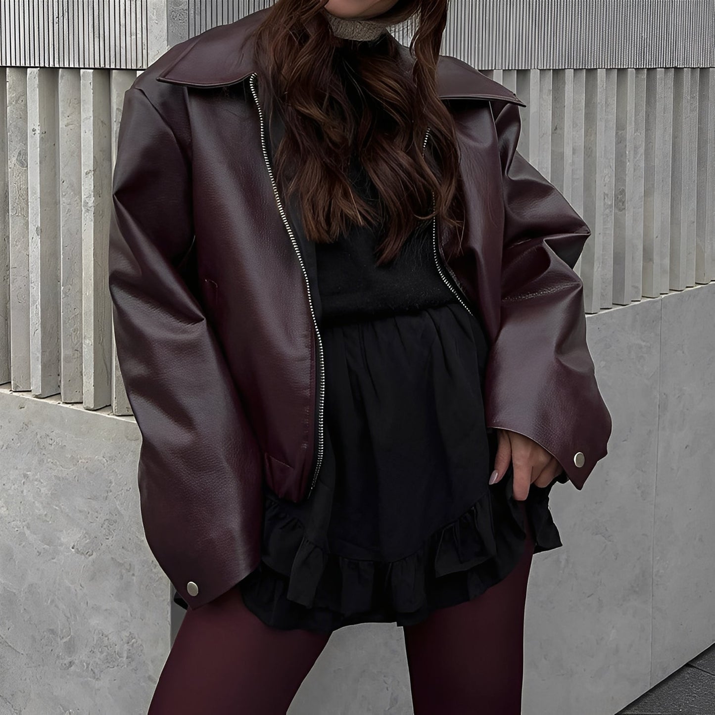 Victoria - Chaqueta de cuero con cremallera y cuello amplio mujer