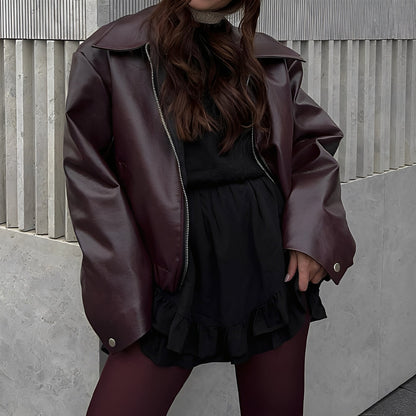 Victoria - Chaqueta de cuero con cremallera y cuello amplio mujer