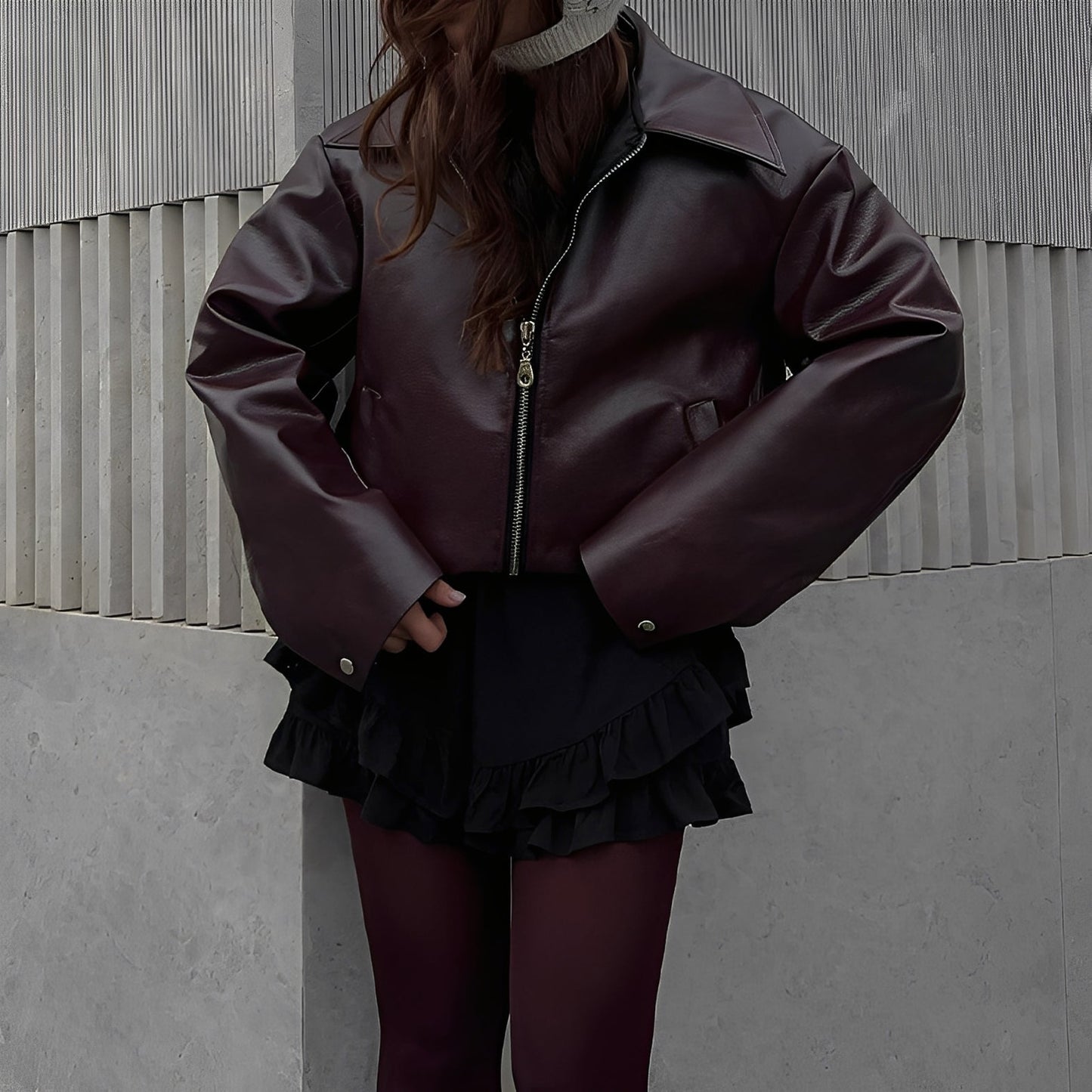 Victoria - Chaqueta de cuero con cremallera y cuello amplio mujer