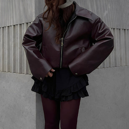 Victoria - Chaqueta de cuero con cremallera y cuello amplio mujer