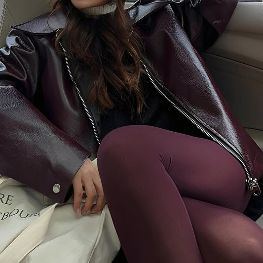 Victoria - Chaqueta de cuero con cremallera y cuello amplio mujer