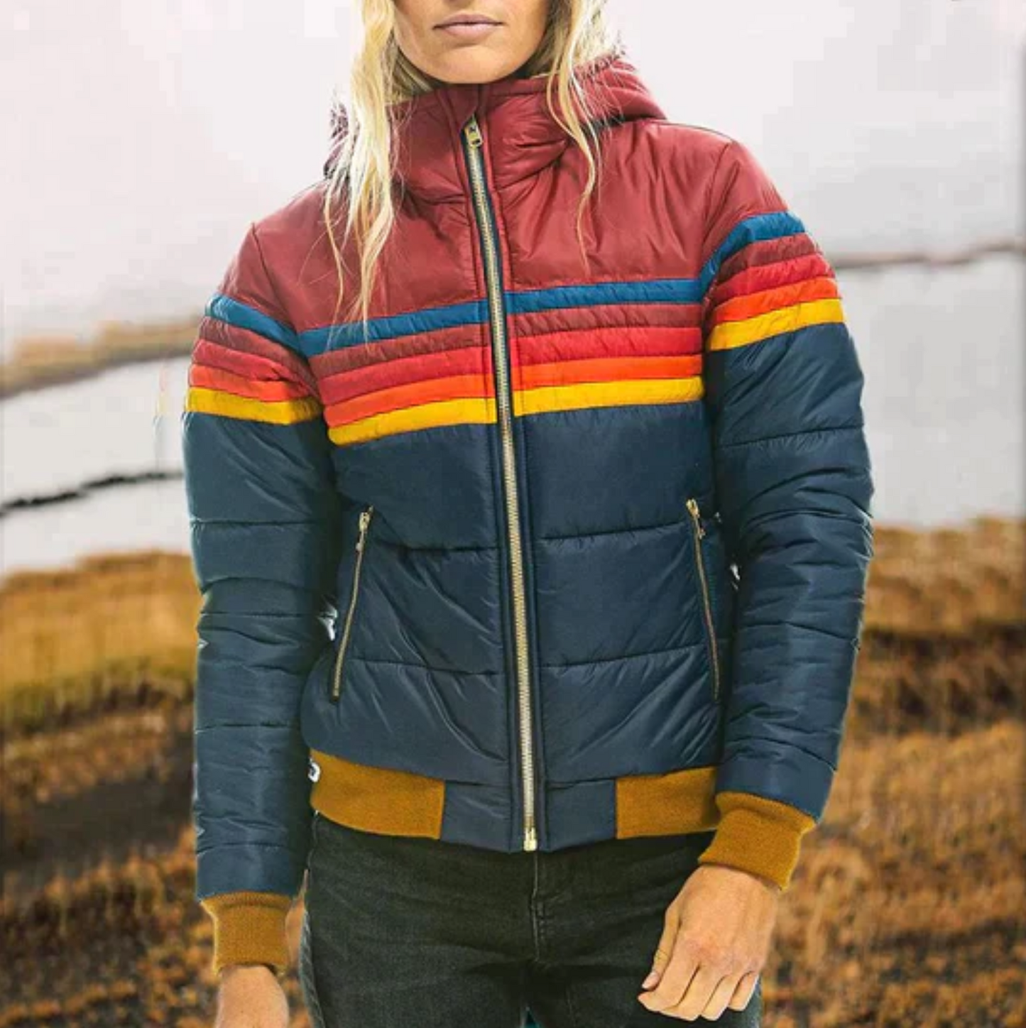 Natalia - Chaqueta acolchada para mujer con franjas de colores estilo retro