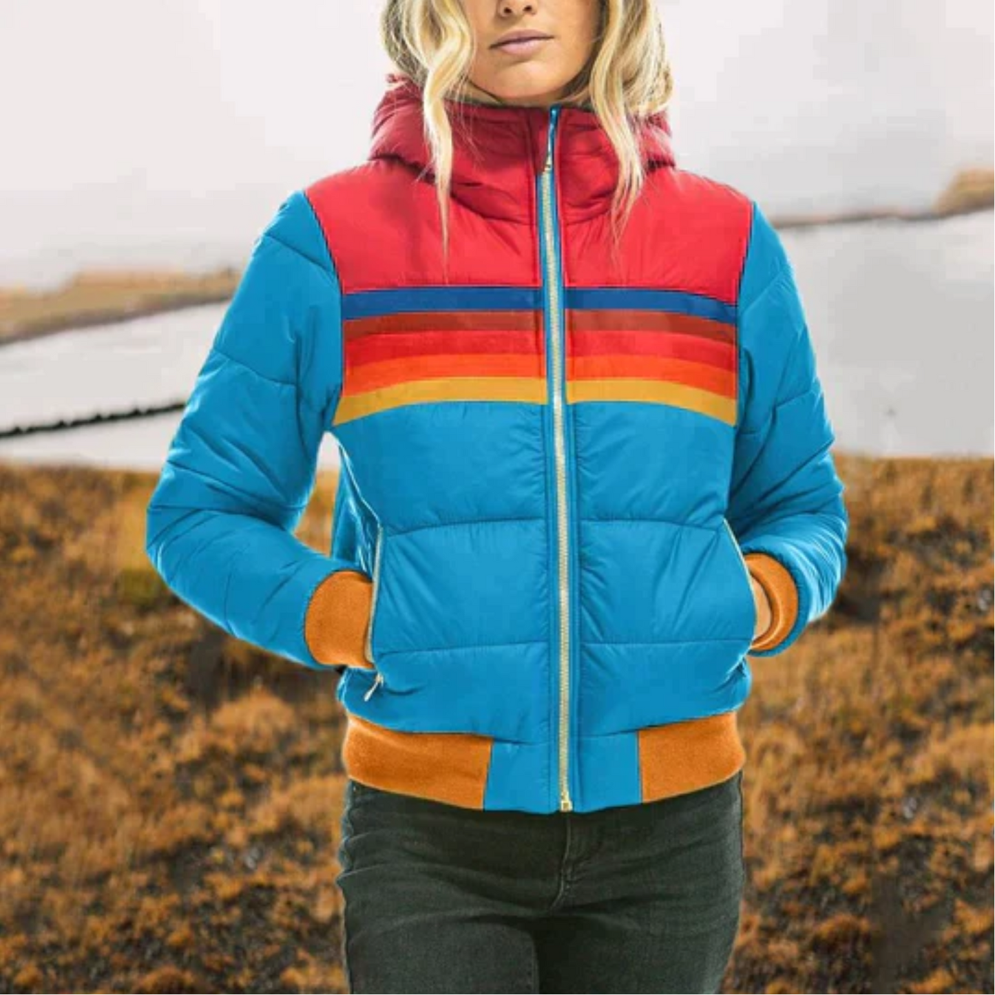 Natalia - Chaqueta acolchada para mujer con franjas de colores estilo retro