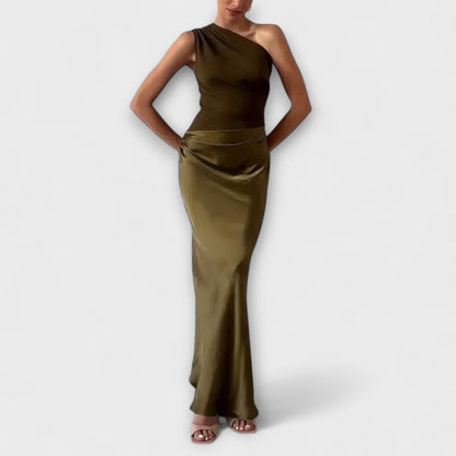 Selena – Vestido largo satinado asimétrico mujer