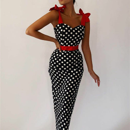 Noelia - Vestido midi de lunares para mujer con lazo y cinturón rojo
