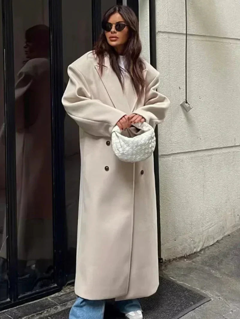 Camila - Abrigo largo de mujer con doble botonadura y solapa ancha