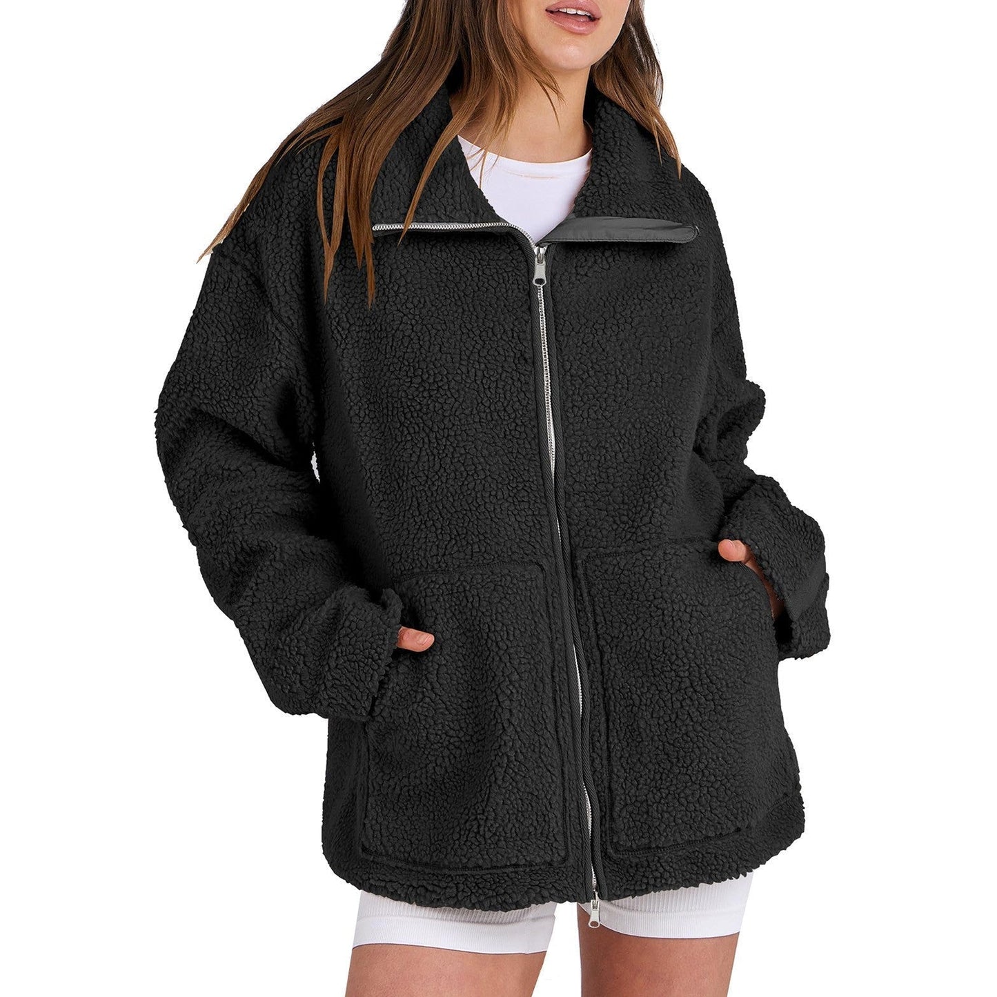 Lucía - Chaqueta de borreguito con cremallera y bolsillos mujer
