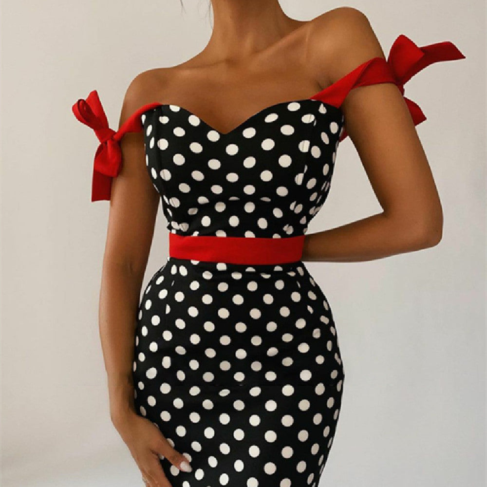 Noelia - Vestido midi de lunares para mujer con lazo y cinturón rojo