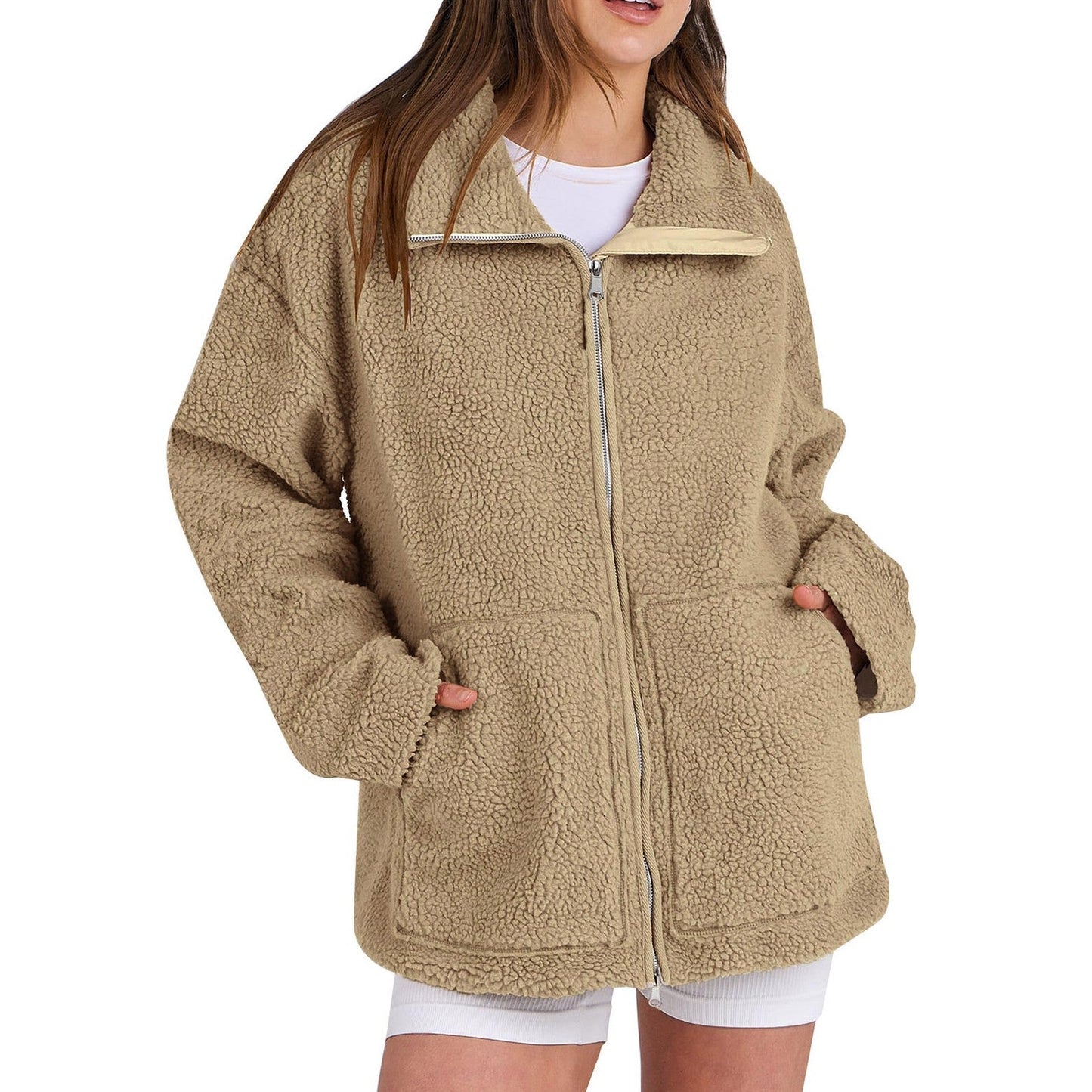 Lucía - Chaqueta de borreguito con cremallera y bolsillos mujer