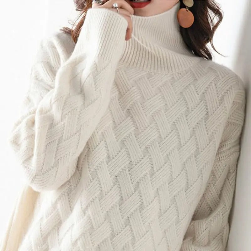 Alejandra - Suéter de mujer con cuello alto y diseño trenzado