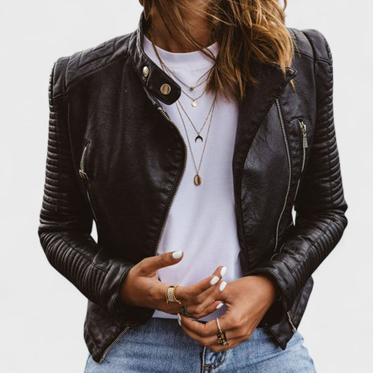 Aurora - Chaqueta biker de mujer en cuero con cremalleras y cuello alto