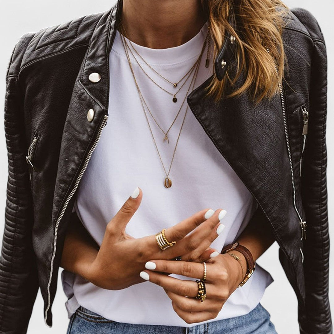 Aurora - Chaqueta biker de mujer en cuero con cremalleras y cuello alto