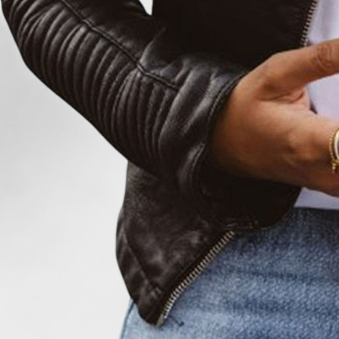 Aurora - Chaqueta biker de mujer en cuero con cremalleras y cuello alto