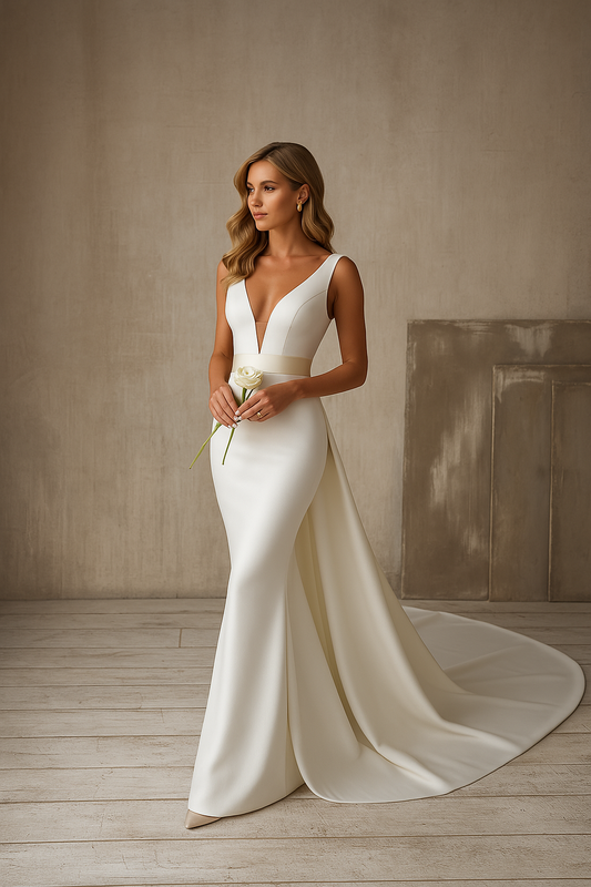 Geraldina | Vestido de novia largo con escote en V, sin mangas y con cola