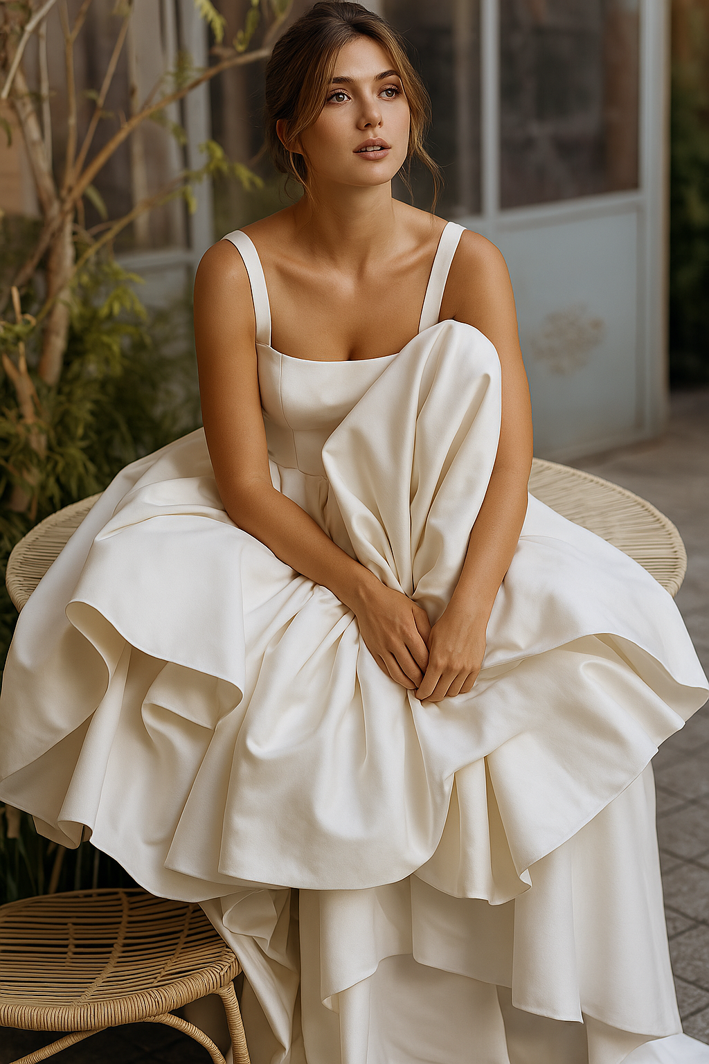 Sairaphynn | Vestido de novia de satén con escote cuadrado y diseño sin mangas