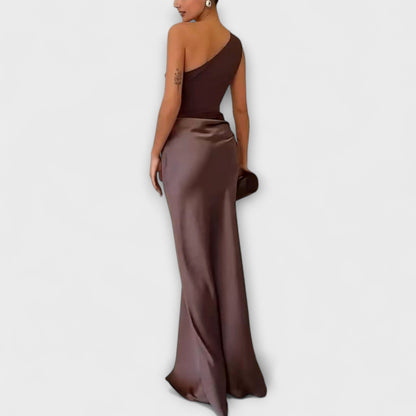 Selena – Vestido largo satinado asimétrico mujer