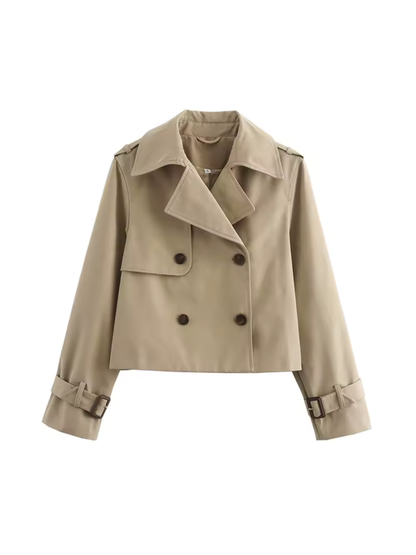 Claudia - Gabardina corta beige con doble botonadura mujer