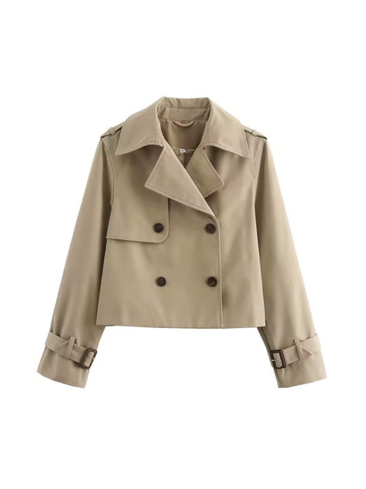 Claudia - Gabardina corta beige con doble botonadura mujer