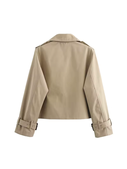 Claudia - Gabardina corta beige con doble botonadura mujer