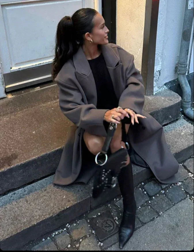 Camila - Abrigo largo de mujer con doble botonadura y solapa ancha