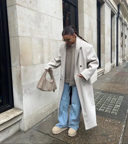 Camila - Abrigo largo de mujer con doble botonadura y solapa ancha