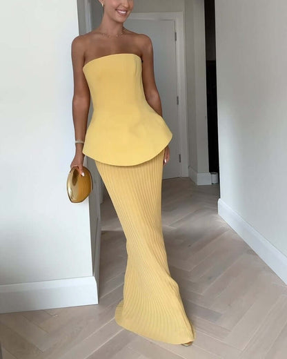 Aurora – Vestido largo palabra de honor con falda plisada mujer