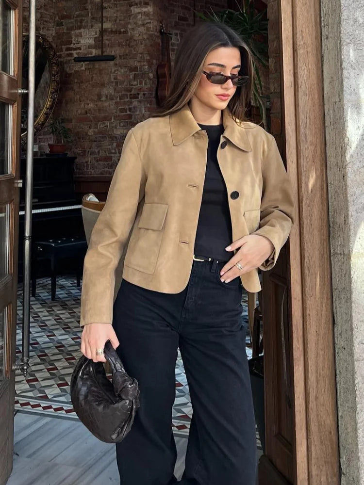 Adriana - Chaqueta corta efecto ante con botones mujer