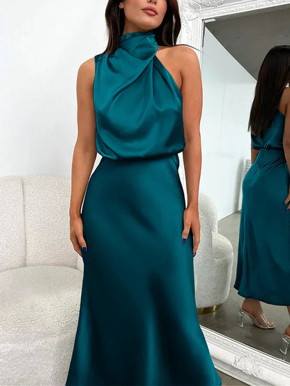 Camila - Vestido largo satinado con cuello drapeado para mujer
