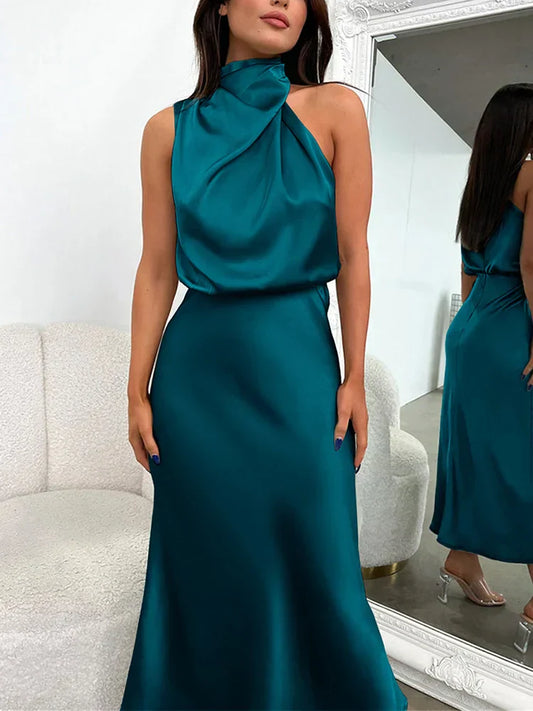 Camila - Vestido largo satinado con cuello drapeado para mujer