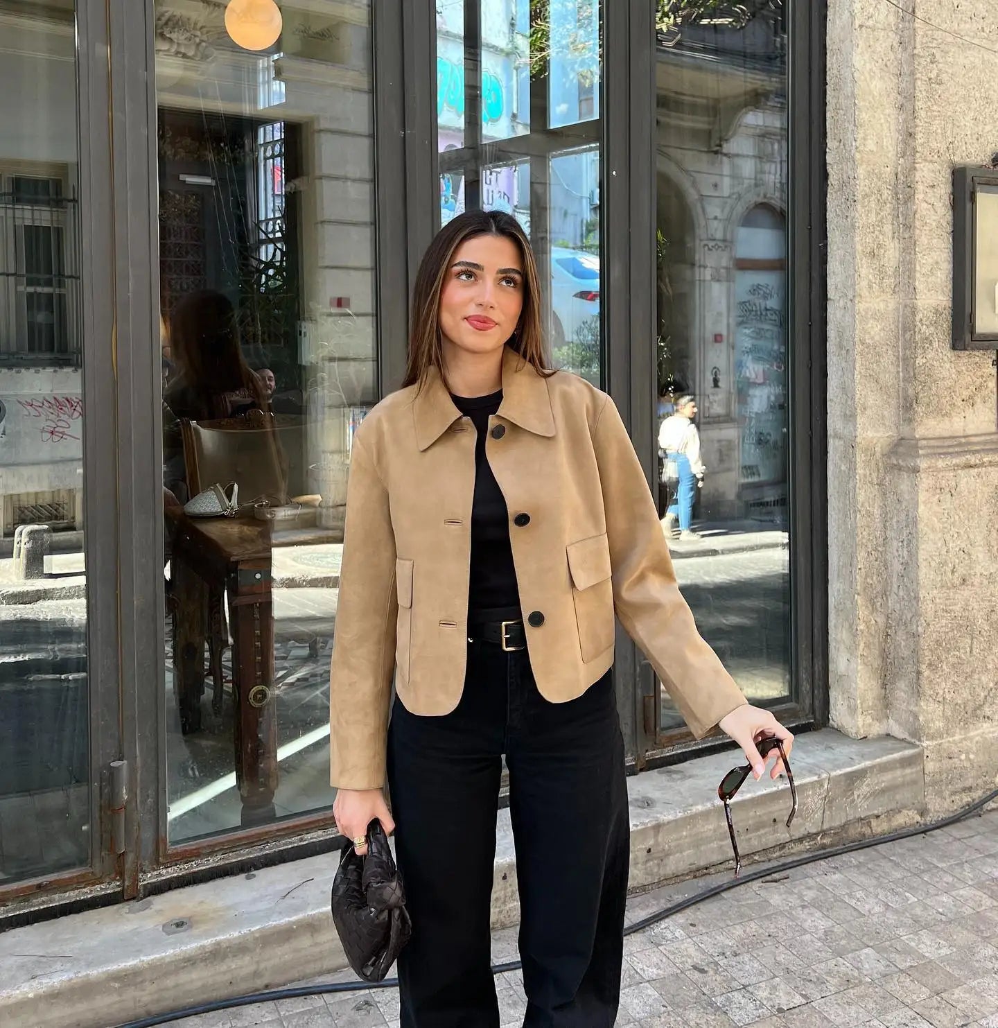 Adriana - Chaqueta corta efecto ante con botones mujer