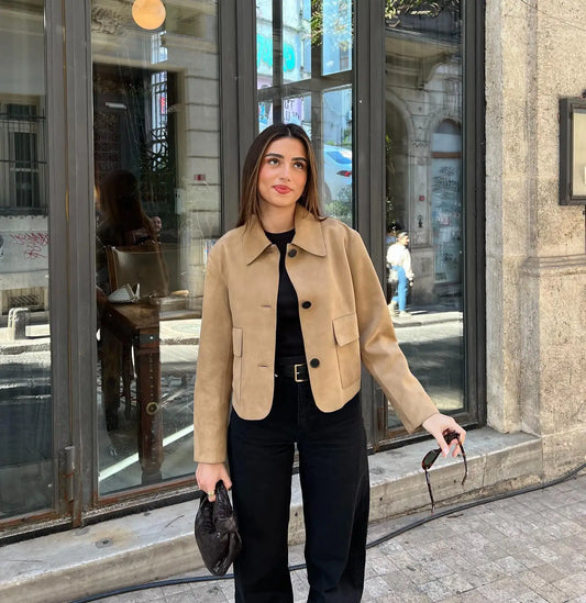 Adriana - Chaqueta corta efecto ante con botones mujer