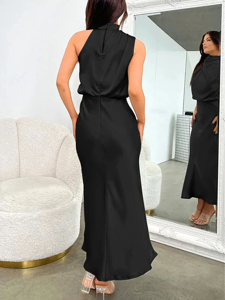 Camila - Vestido largo satinado con cuello drapeado para mujer