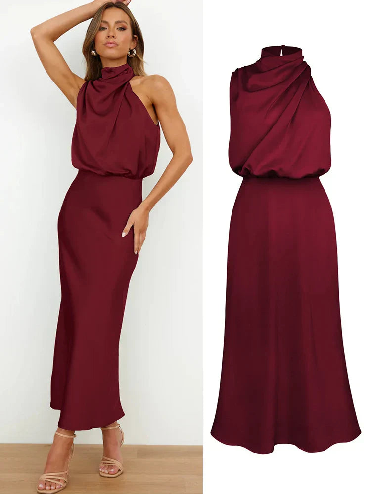 Camila - Vestido largo satinado con cuello drapeado para mujer