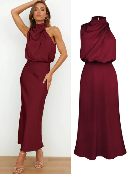 Camila - Vestido largo satinado con cuello drapeado para mujer