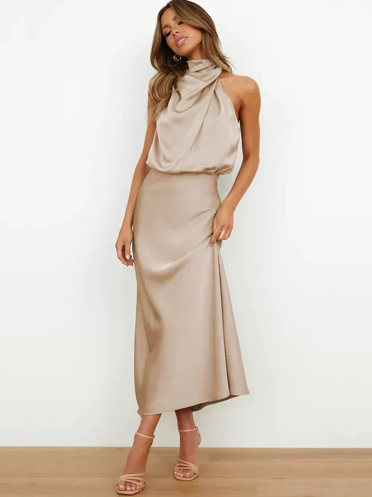 Camila - Vestido largo satinado con cuello drapeado para mujer