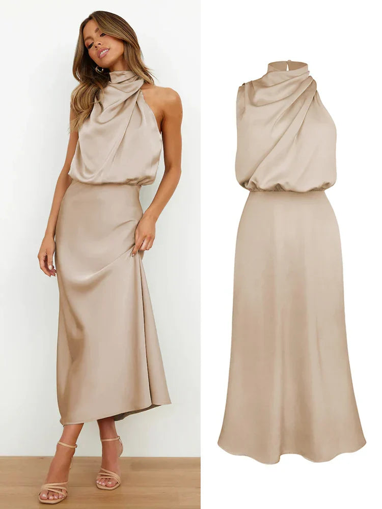 Camila - Vestido largo satinado con cuello drapeado para mujer